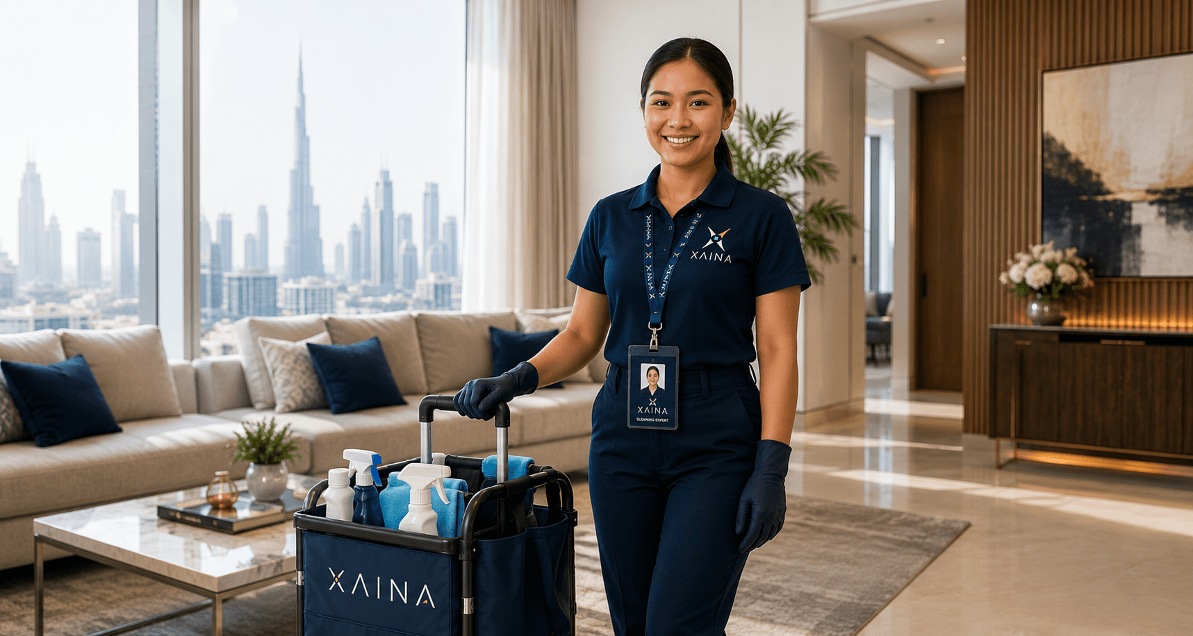 XAINA Cleaning Expert with supply cart in a Dubai apartment